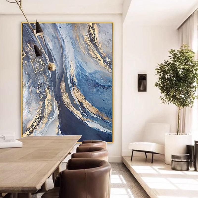 Abstract minimalist art painting in a gold environmentally friendly frame on the living room wall