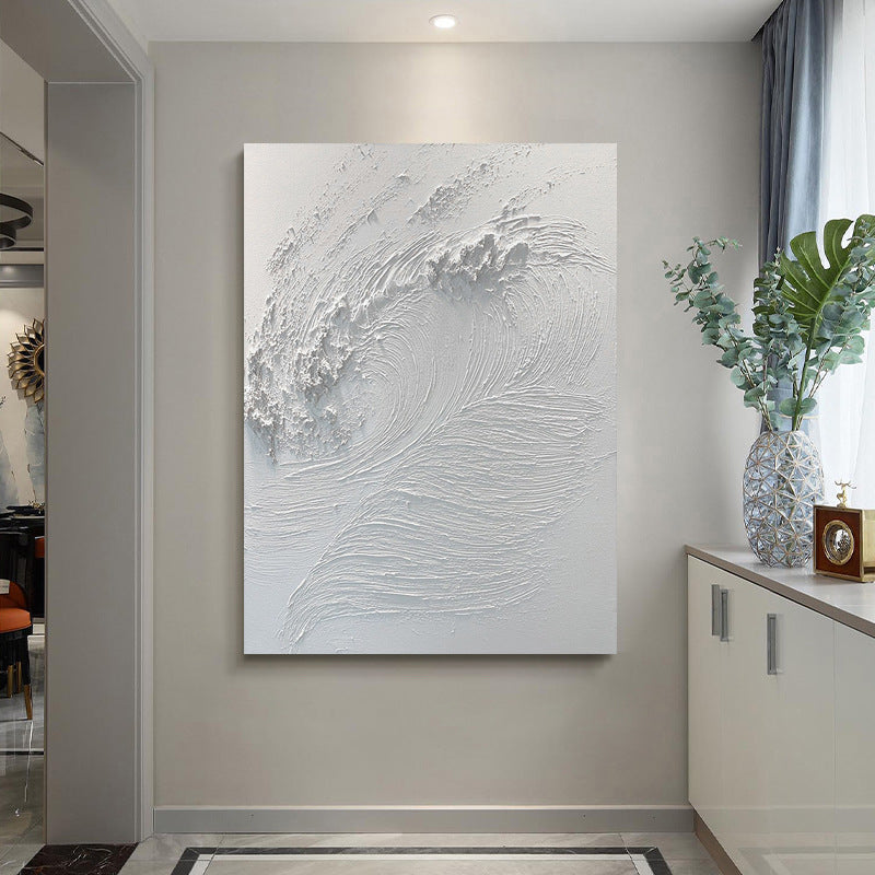 Contemporary minimalist white pure hand-painted oil painting on the wall opposite the entrance of the room