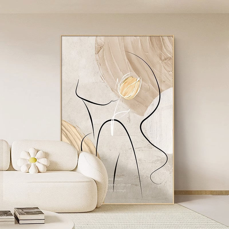 Cream texture floor-to-ceiling painting behind the living room sofa SenroArt