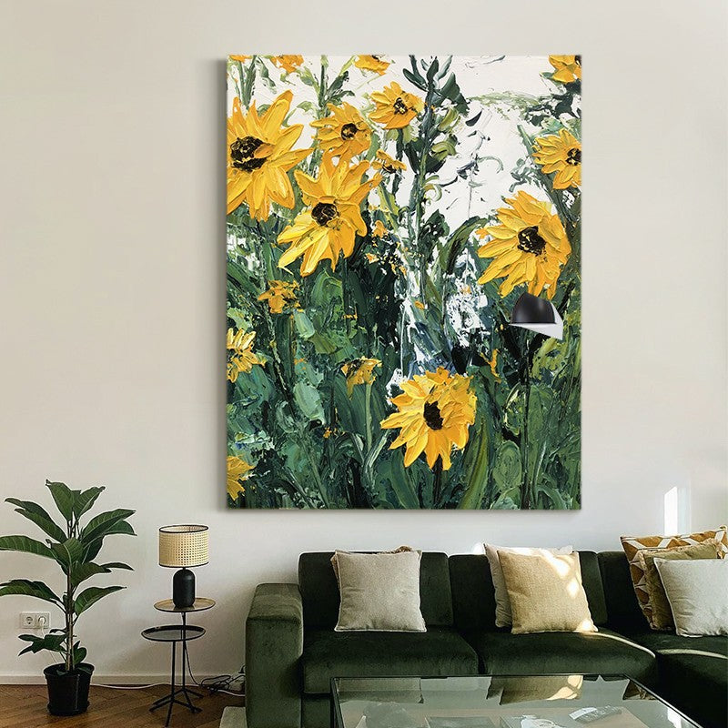 Dark green sofa background wall frameless sunflower texture decoration hanging painting