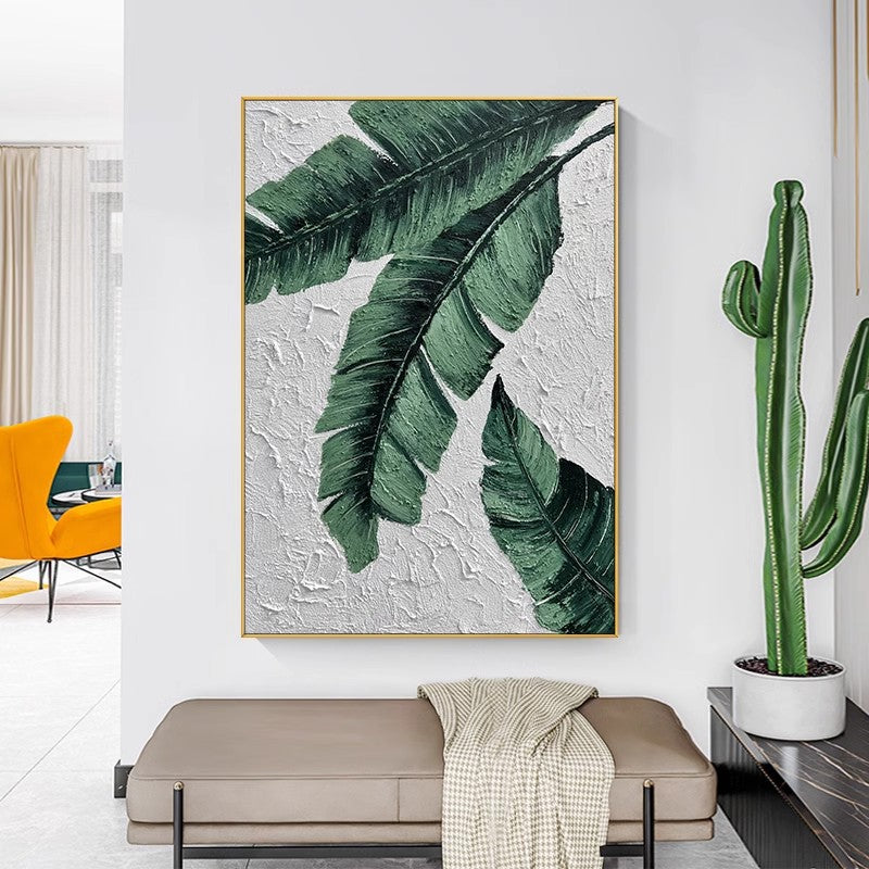 Green environmentally friendly gold frame banana leaf texture hanging painting