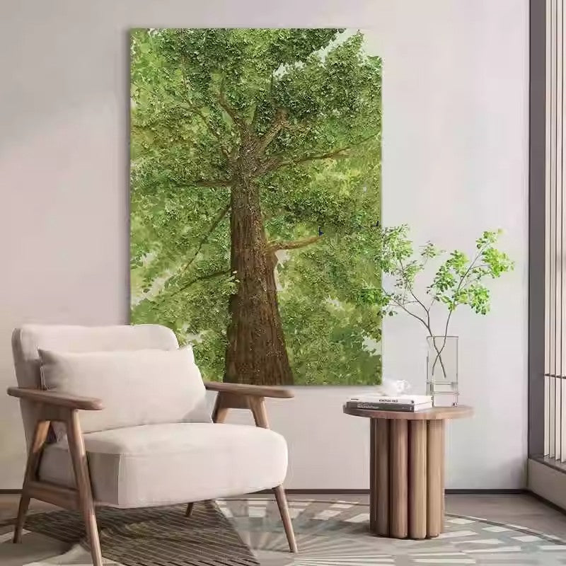 Green tree texture decorative painting behind the sofa recliner
