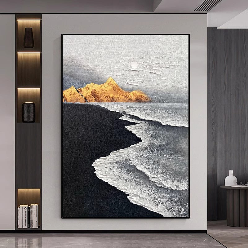 Hand-painted black and white abstract beach wave mural next to the living room shelf