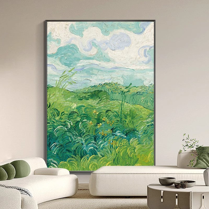 Large abstract green wheat field floor painting behind the white sofa