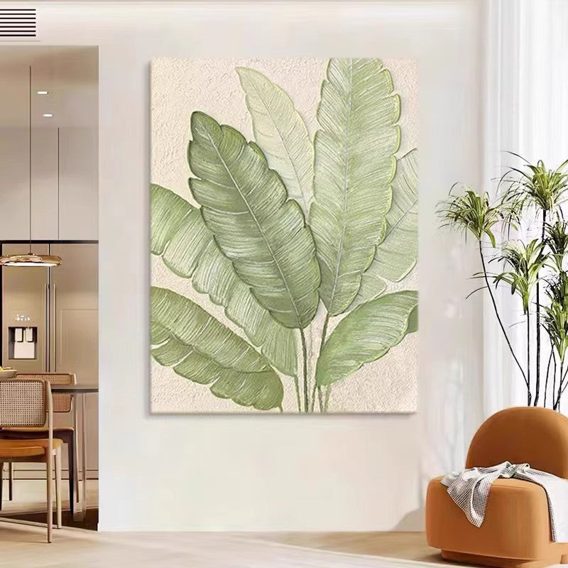 Large green leaves canvas painting on the wall