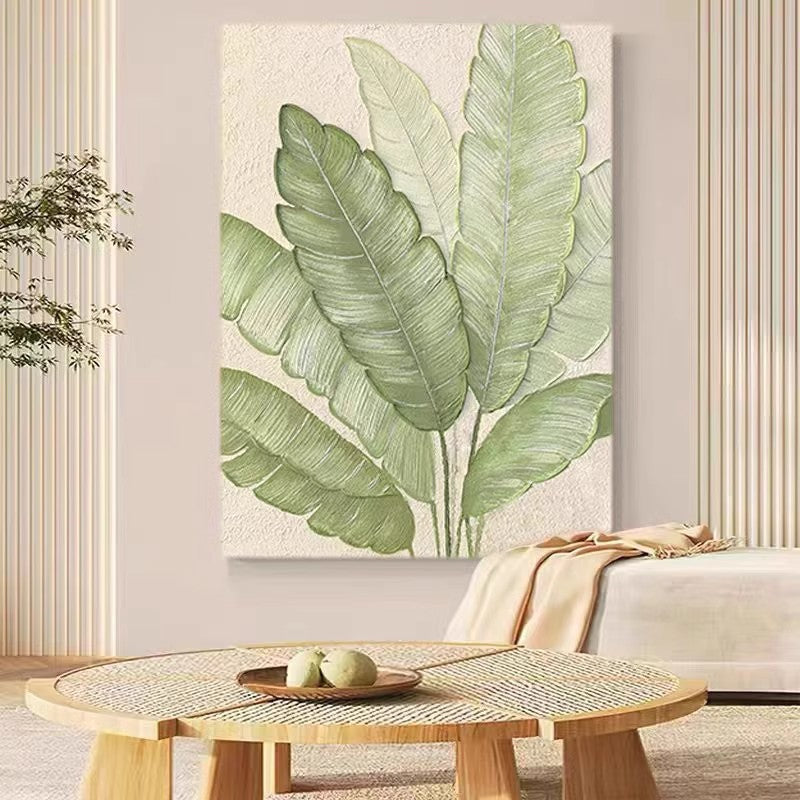 Large green textured decorative painting on the living room wall
