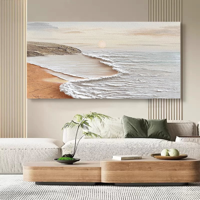Large wabi-sabi beach hanging painting on the living room sofa background wall