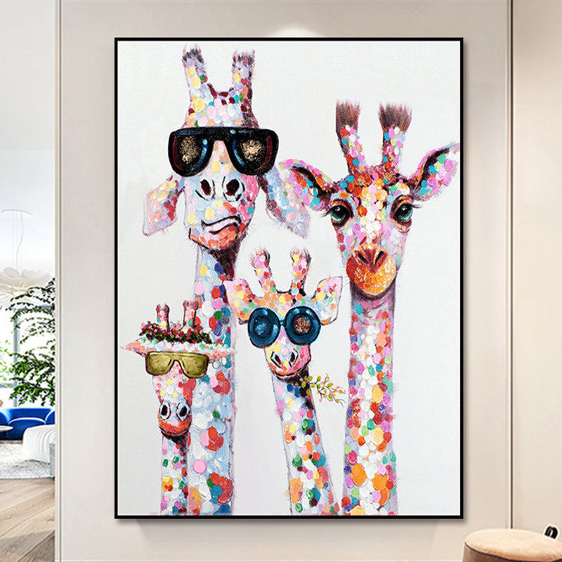 Living room porch pure hand-painted four giraffe cartoon decorative painting