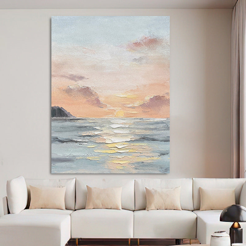 Pure hand-painted landscape morning glow simple texture painting behind the white sofa