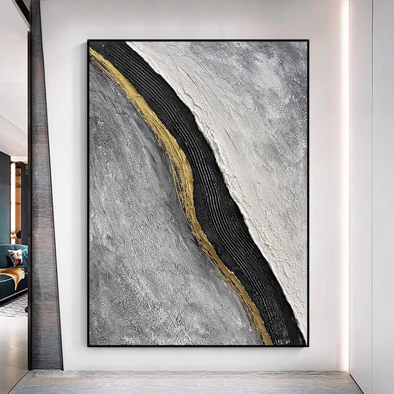 Purely hand-painted black and white and gray wabi-sabi paintings on the entrance wall