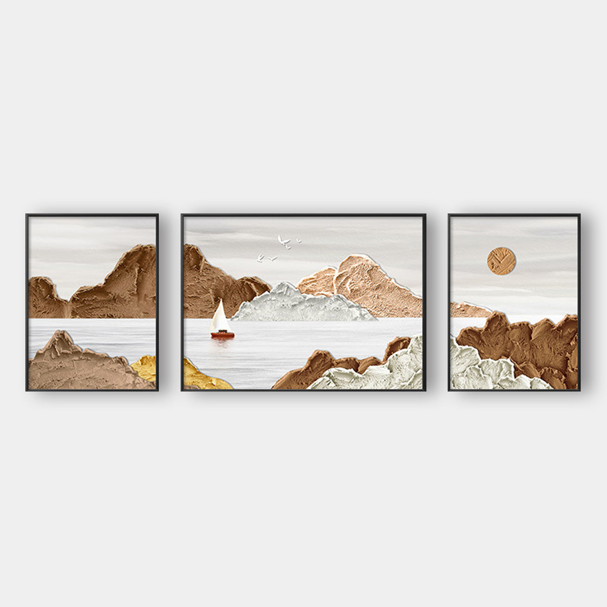 Three brown landscape paintings hanging on the sofa wall in the living room