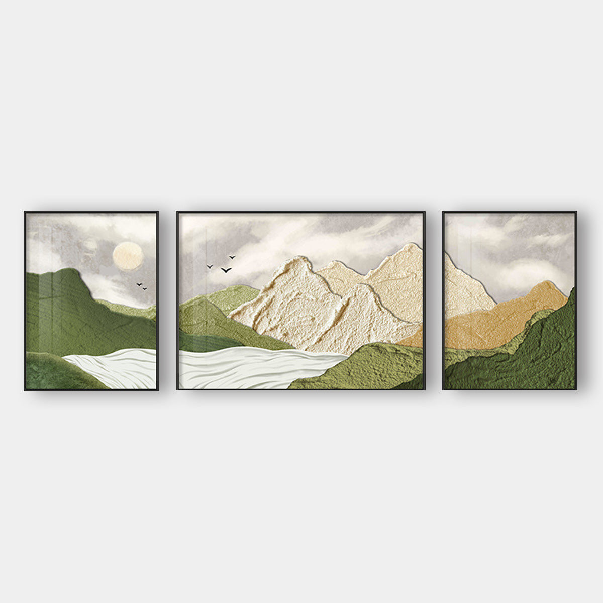 Three small clear landscape paintings on the living room sofa background wall
