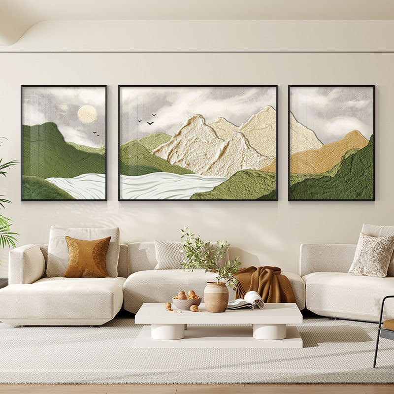 Three small clear landscape paintings on the living room sofa background wall SenroArt