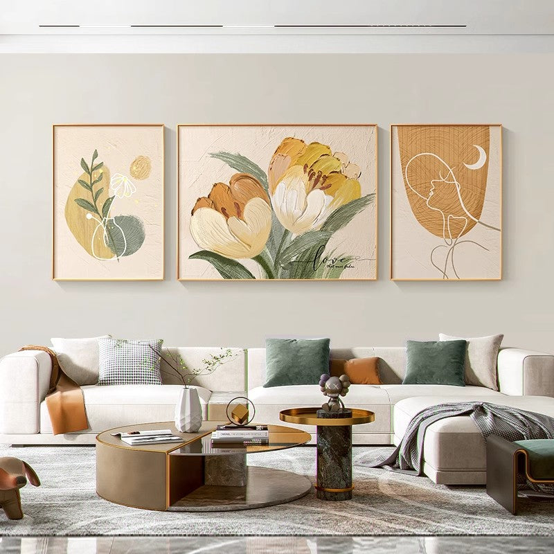 Three tulips on the living room sofa background wall front art painting sunflower light and shadow decoration painting SenroArt