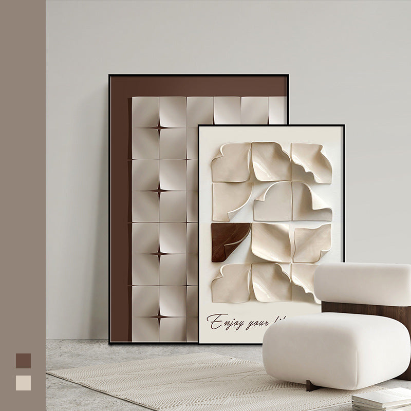 Two floor-standing abstract decoration paintings behind the sofa in the living room