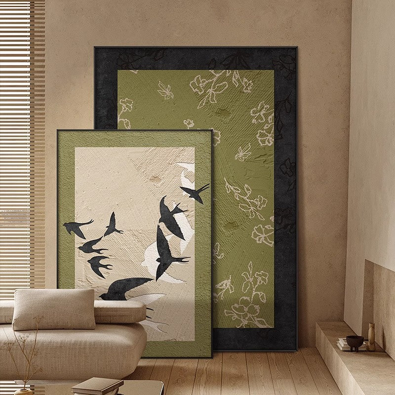 Two large floor matcha green paintings in the living room SenroArt