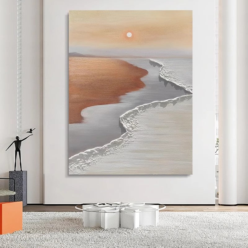 Wabi-sabi minimalist living room decoration painting beach sunrise or sunset